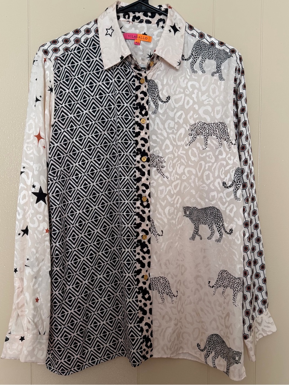 Vilagallo Black and Cream Mixed-Print Silk Blouse
